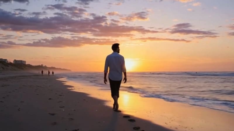 Homem caminhando sozinho na praia ao pôr do sol, refletindo sobre a jornada da vida e o destino.
